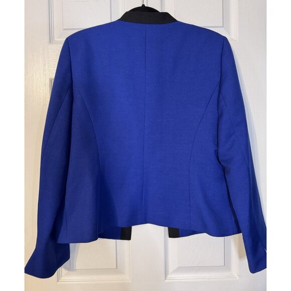 Kasper Suit Jacket Blazer 12 Blue Black Trim Open Front Classic Career Polyester - Picture 3 of 10